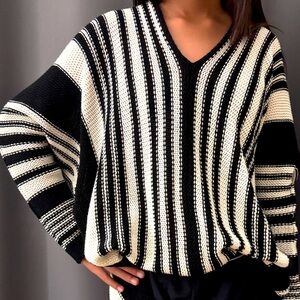 Miou Muse Off-the-Shoulder Black and White Sweater
